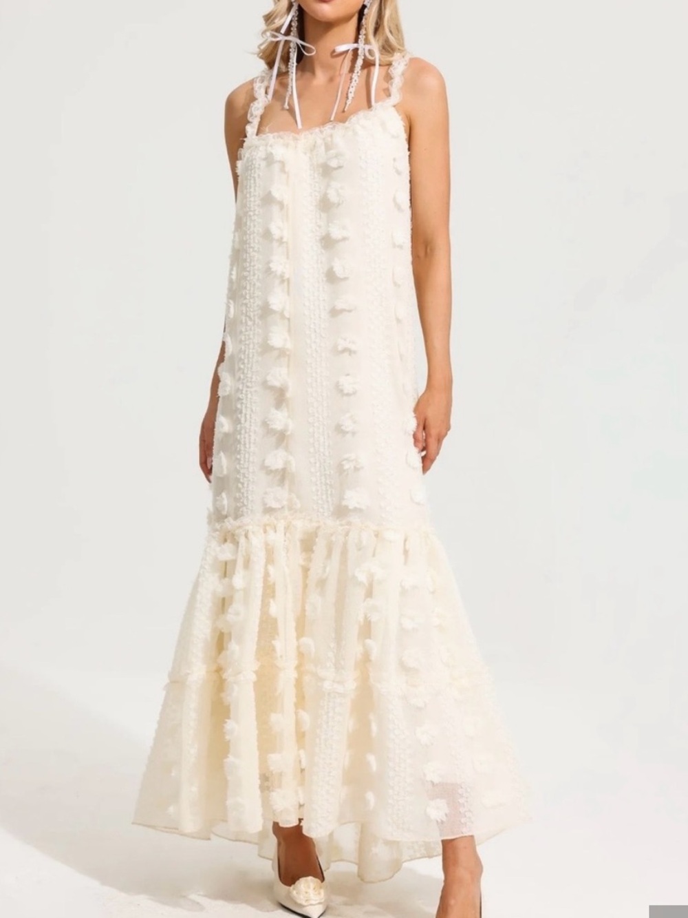 Cream Ruffle Maxi Dress - oversized small nwot